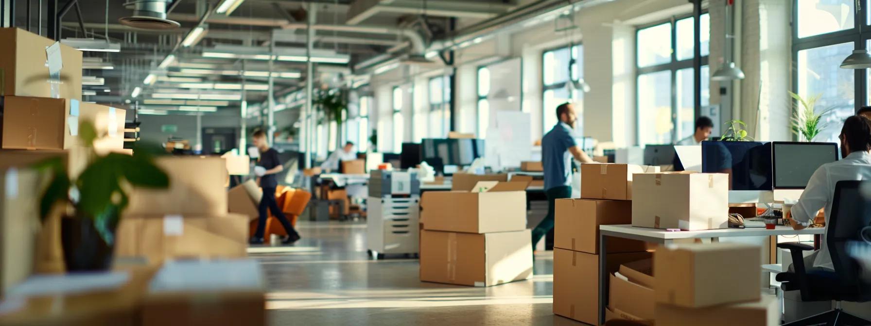 a bustling office environment showcases a team of professional residential movers strategically packing and loading various household items, emphasizing their organized approach and specialized services for local relocations.