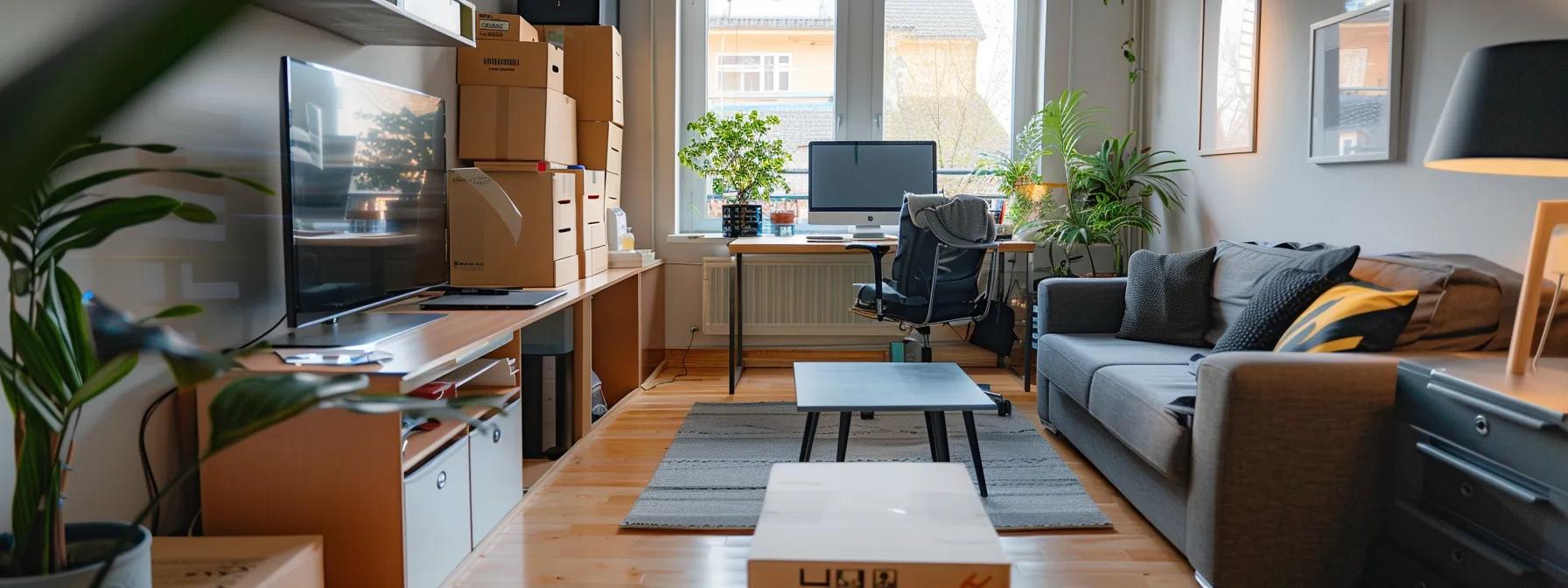 a bustling urban apartment with organized packing boxes and a prominently displayed moving checklist on a streamlined, minimalist desk, capturing the essence of an efficient and well-planned move.