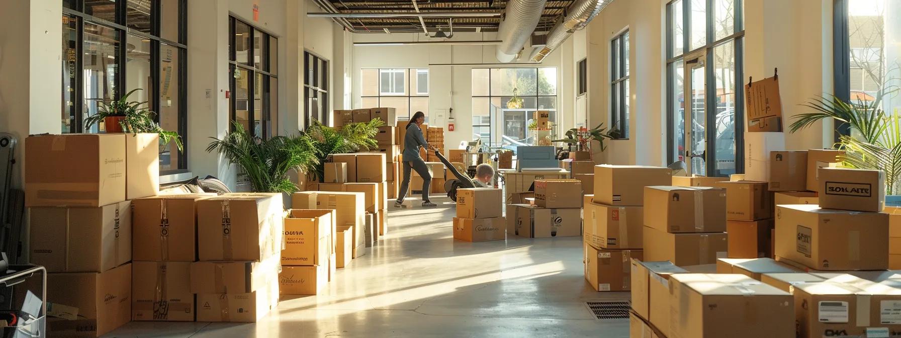a bustling urban office environment showcases a professional mover from bantu mover expertly coordinating a residential relocation, surrounded by organized boxes and vibrant client engagement, highlighting exceptional service and local expertise in richmond.