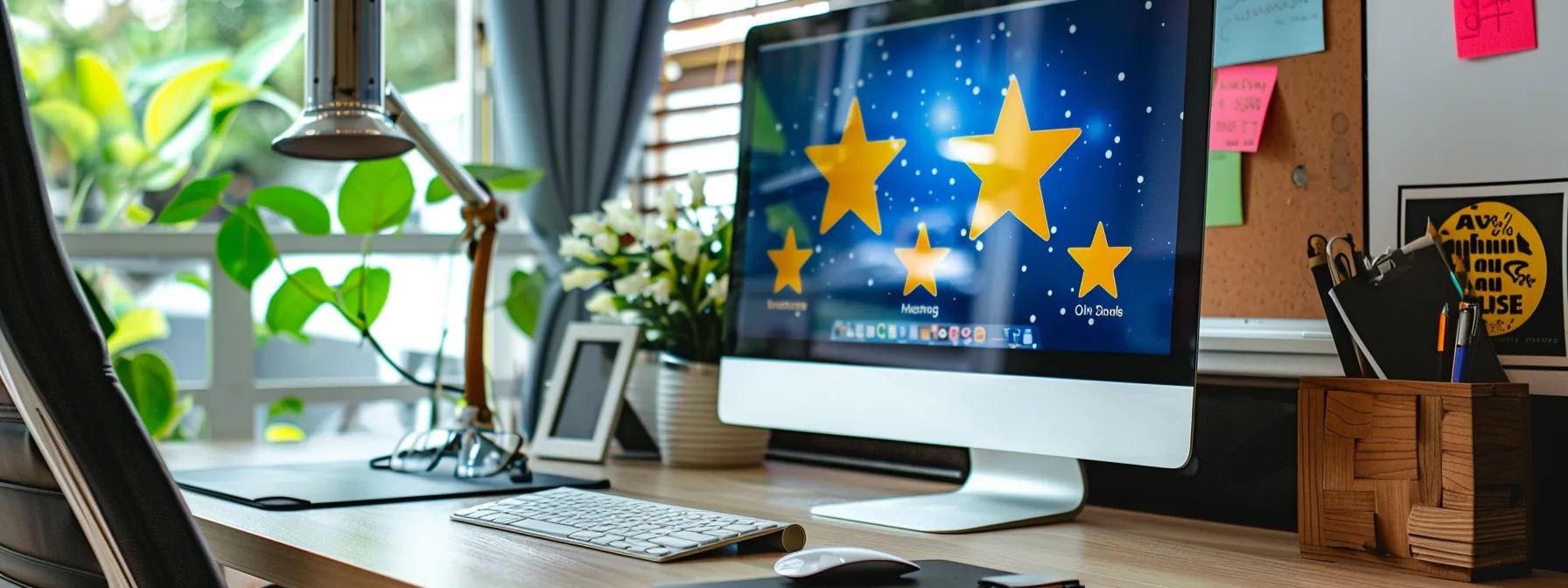 a modern office setting showcases a sleek desk computer displaying glowing online reviews and ratings, with a large bulletin board in the background filled with colorful testimonials and references from satisfied customers, highlighting the reliability of moving services in richmond, tx.