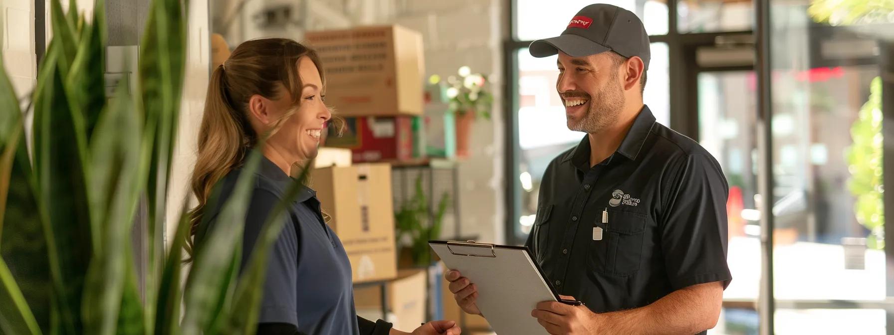 a professional mover, dressed in a branded uniform, is engaging with a satisfied customer in a modern, brightly-lit houston office, with a clipboard in hand and a backdrop of moving boxes, symbolizing the importance of validated customer experiences in the relocation process.