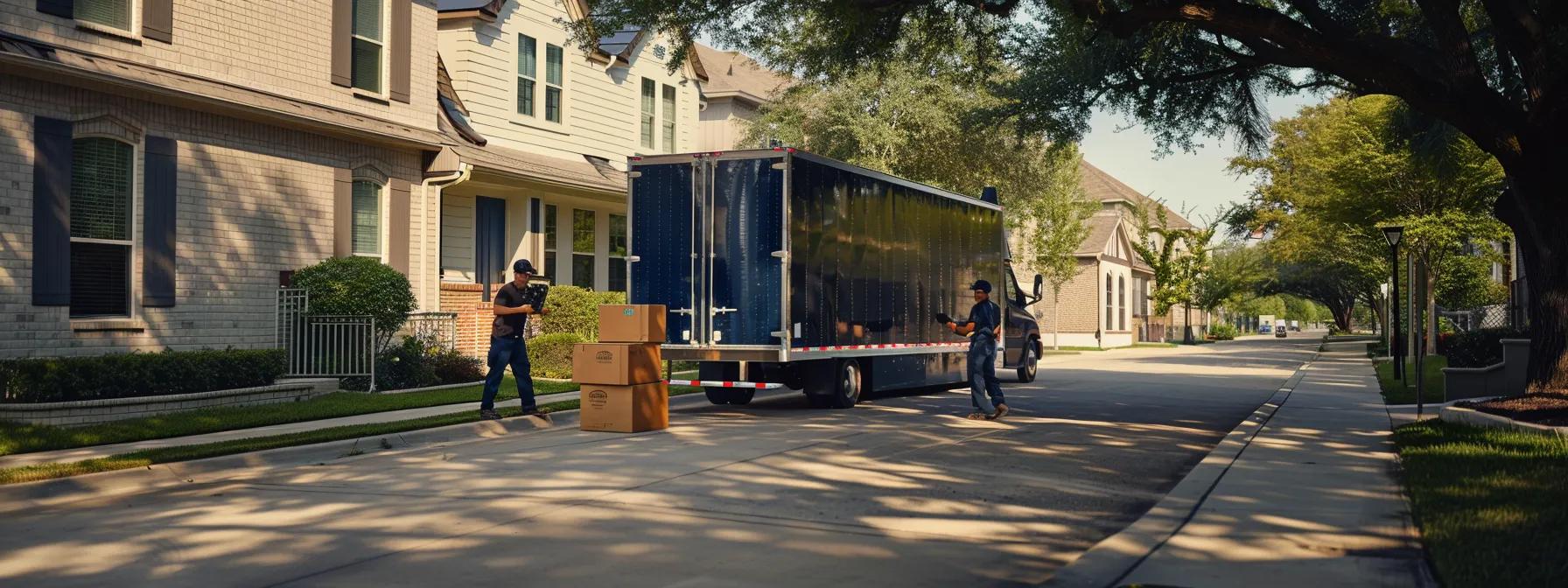 a team of professional movers efficiently organizing and loading furniture into a sleek moving truck in a modern houston neighborhood, showcasing their commitment to excellent customer service and reliability.