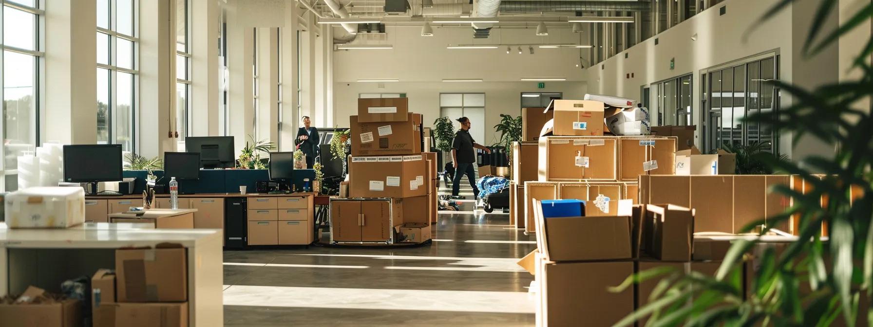 a bustling houston office interior showcases a professional team of movers efficiently packing elegant furniture and fragile decor in labeled boxes, emphasizing customer-centric service and expertise in secure relocations.