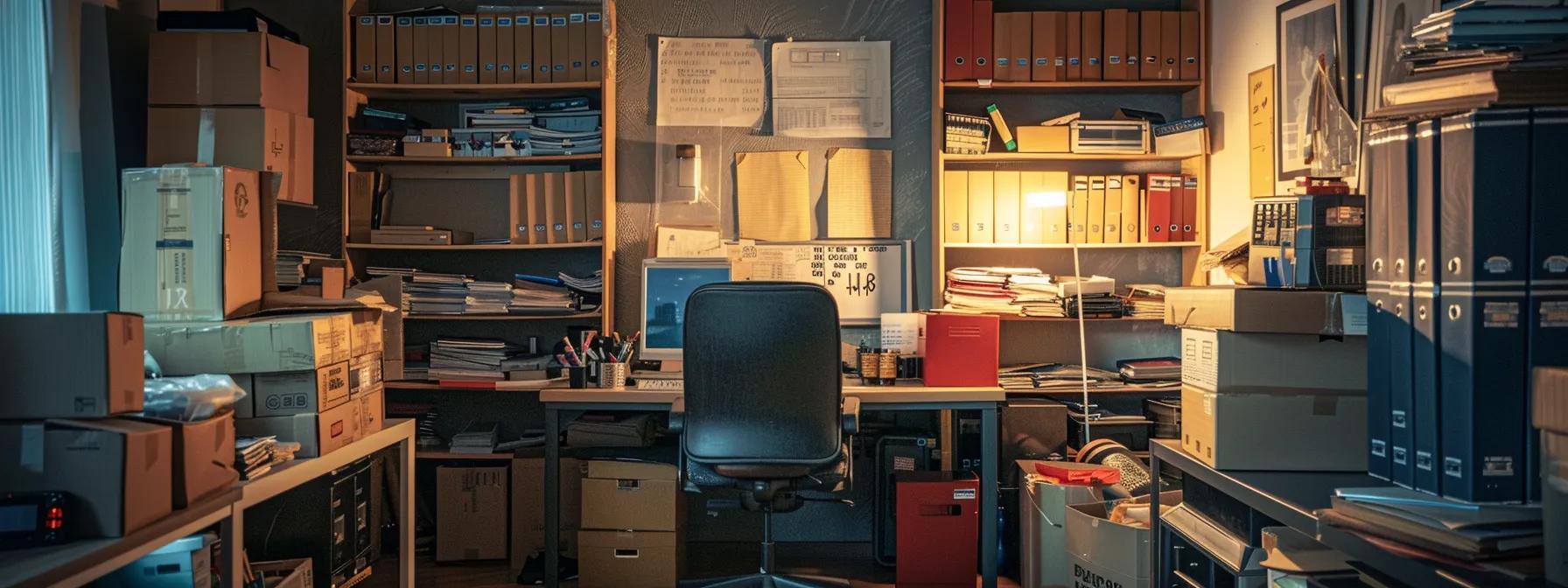 a meticulously organized home office filled with neatly packed boxes and specialized packing materials, highlighted by a detailed inventory list pinned to a bulletin board, illustrating the essential preparation for a smooth move in a bustling urban environment.