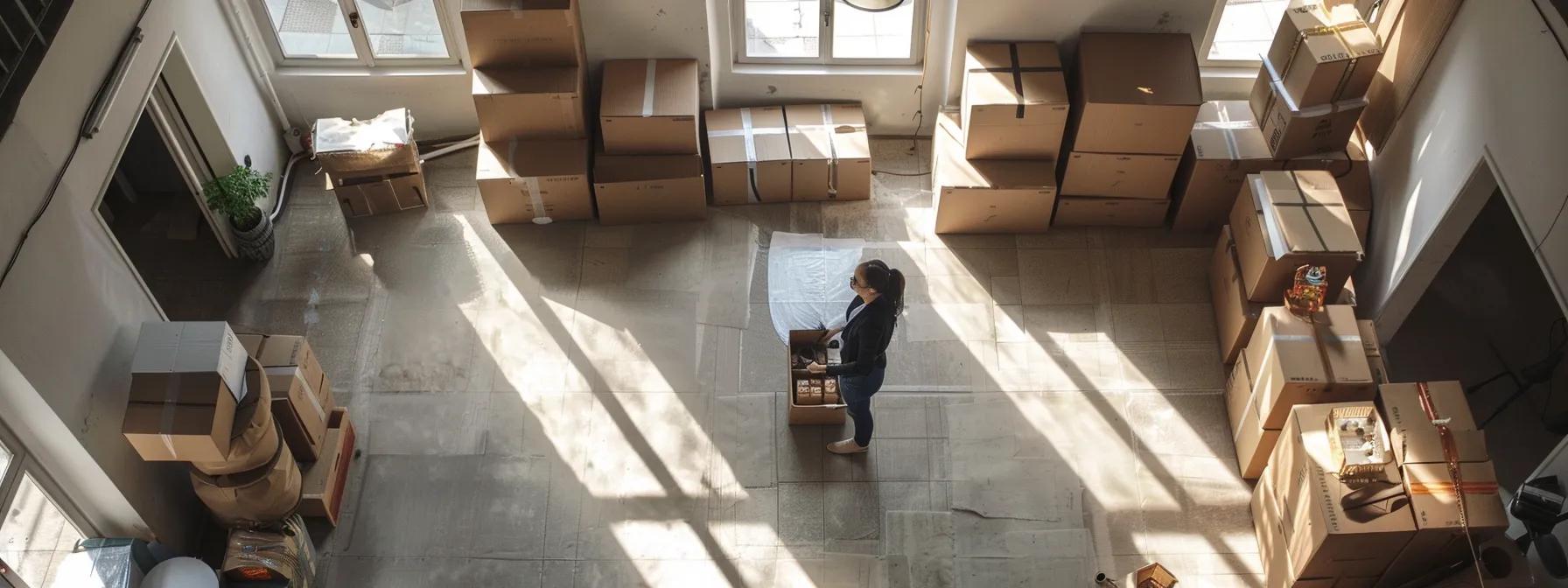 a meticulously organized moving space showcases an array of neatly labeled boxes and packing materials, with an individual conducting a final inventory check amidst a backdrop of partially empty rooms, embodying a sense of preparation and transition.