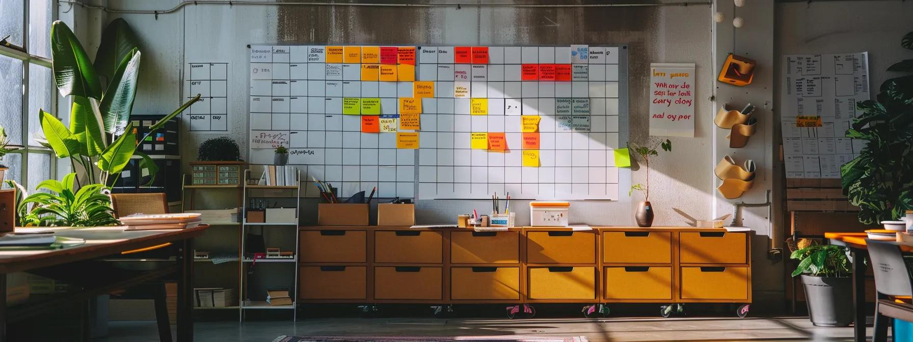 a meticulously organized office space features a detailed packing timeline on a whiteboard, with color-coded sticky notes representing weekly tasks, surrounded by packing supplies and a visual map of houston, creating an atmosphere of strategic planning and preparation for a smooth moving day.