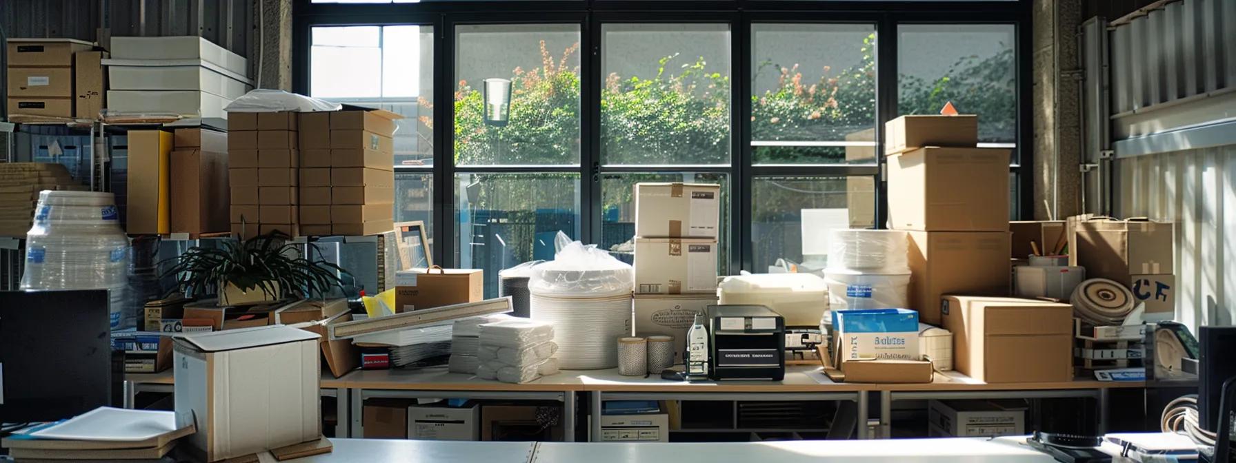 a well-organized office space showcases neatly stacked sturdy cardboard boxes, vibrant rolls of bubble wrap, and robust packing tape, all strategically arranged on a sleek desk, highlighting the essential materials for an efficient packing experience.